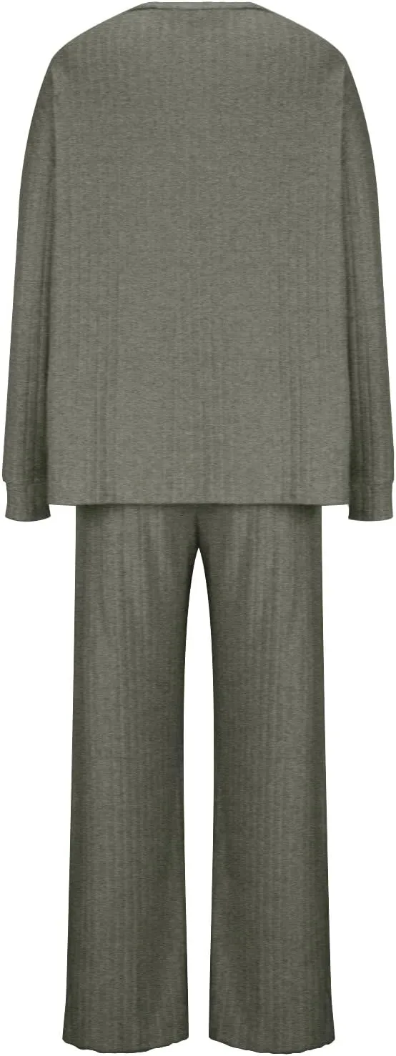Womens Knit 2 Piece Sweater Sets Wide Leg Pants Lounge Set Loungewear Long Sleeve Pajama Sets Sleepwear