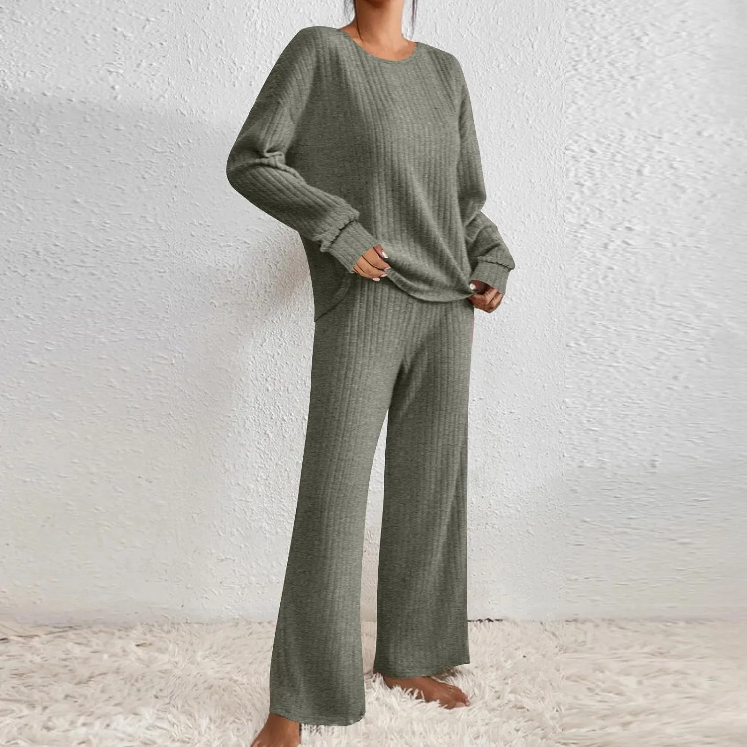 Womens Knit 2 Piece Sweater Sets Wide Leg Pants Lounge Set Loungewear Long Sleeve Pajama Sets Sleepwear