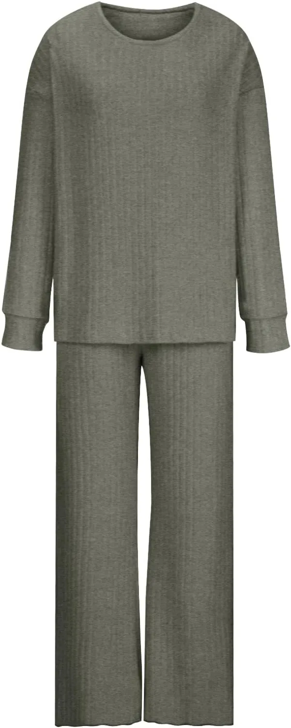 Womens Knit 2 Piece Sweater Sets Wide Leg Pants Lounge Set Loungewear Long Sleeve Pajama Sets Sleepwear