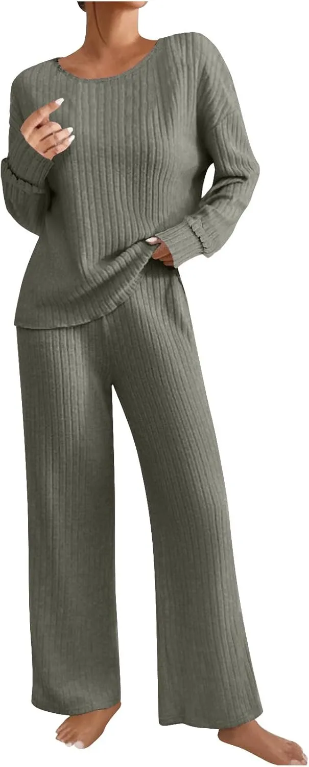 Womens Knit 2 Piece Sweater Sets Wide Leg Pants Lounge Set Loungewear Long Sleeve Pajama Sets Sleepwear