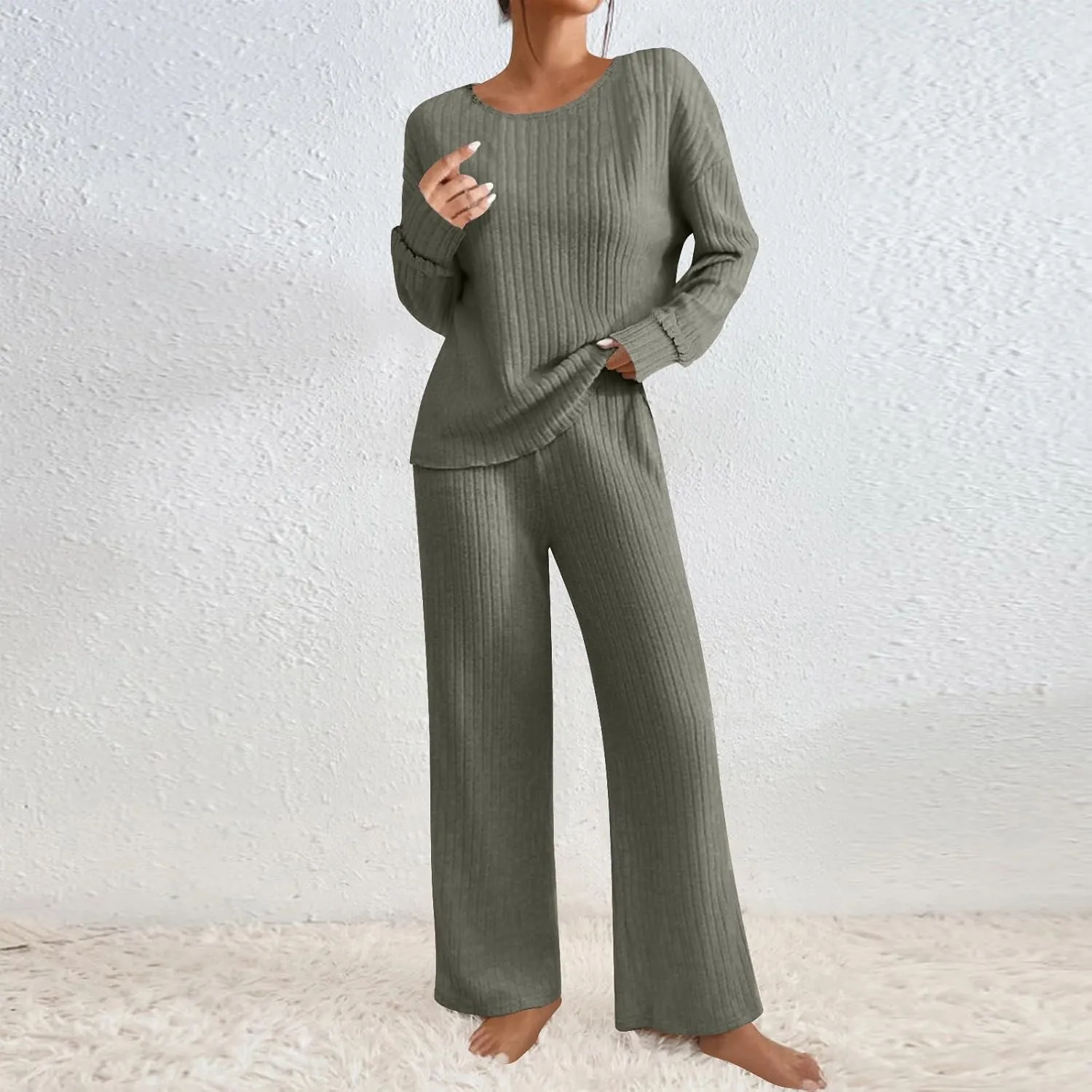 Womens Knit 2 Piece Sweater Sets Wide Leg Pants Lounge Set Loungewear Long Sleeve Pajama Sets Sleepwear