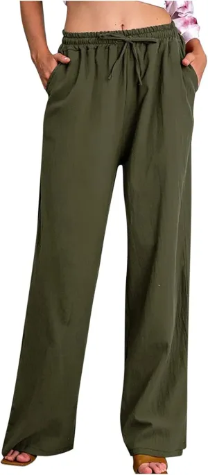 Women's Linen Pants Wide Leg Summer Pants High Waisted Palazzo Pants Comfy Beach Pants Soft Lounge Pants Trousers