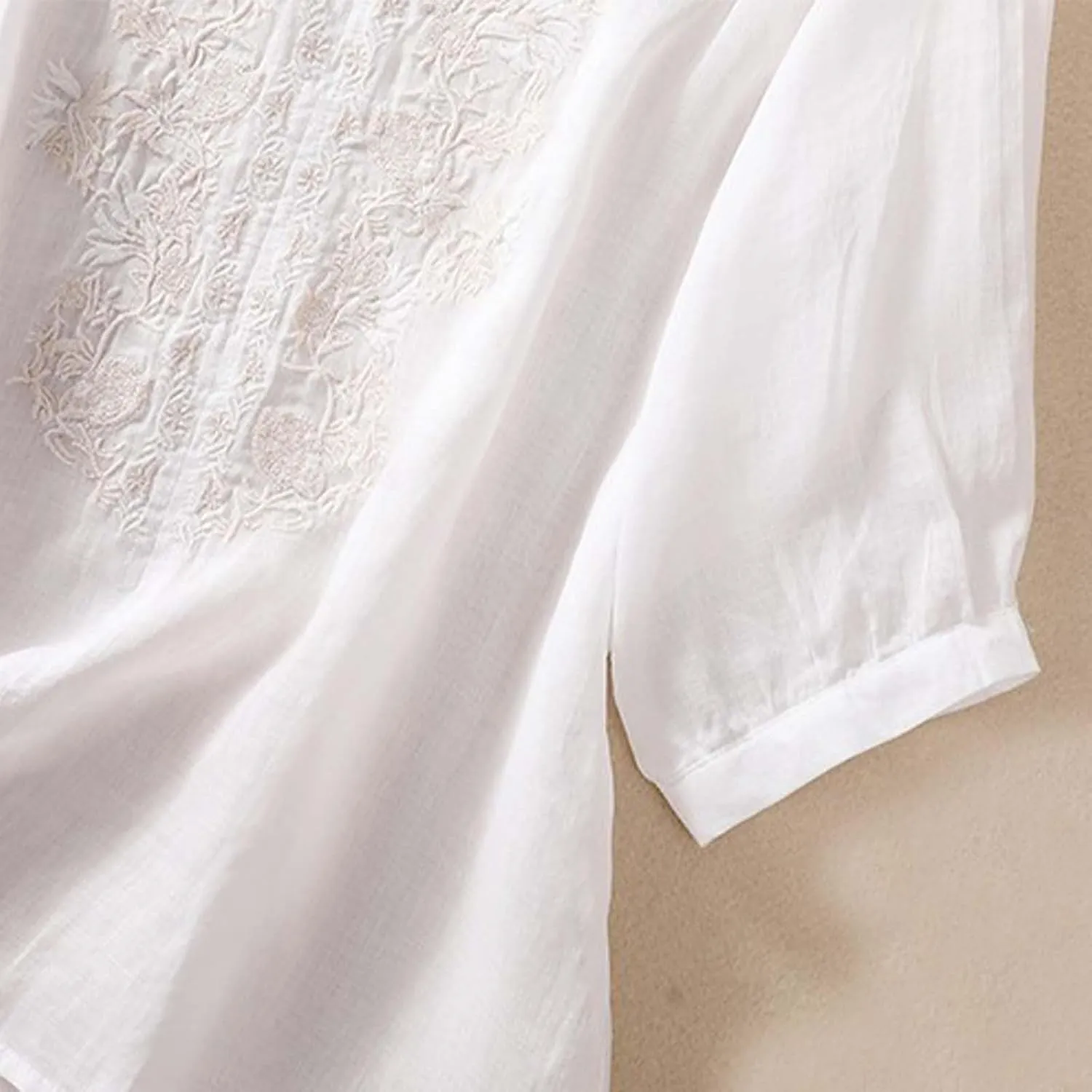 Women's Linen Shirts Summer Linen Embroidery Long Sleeve T-Shirt Casual Loose Fit Henley V Neck Blouse