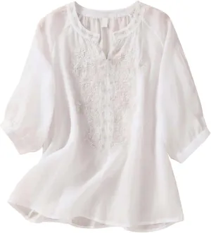 Women's Linen Shirts Summer Linen Embroidery Long Sleeve T-Shirt Casual Loose Fit Henley V Neck Blouse