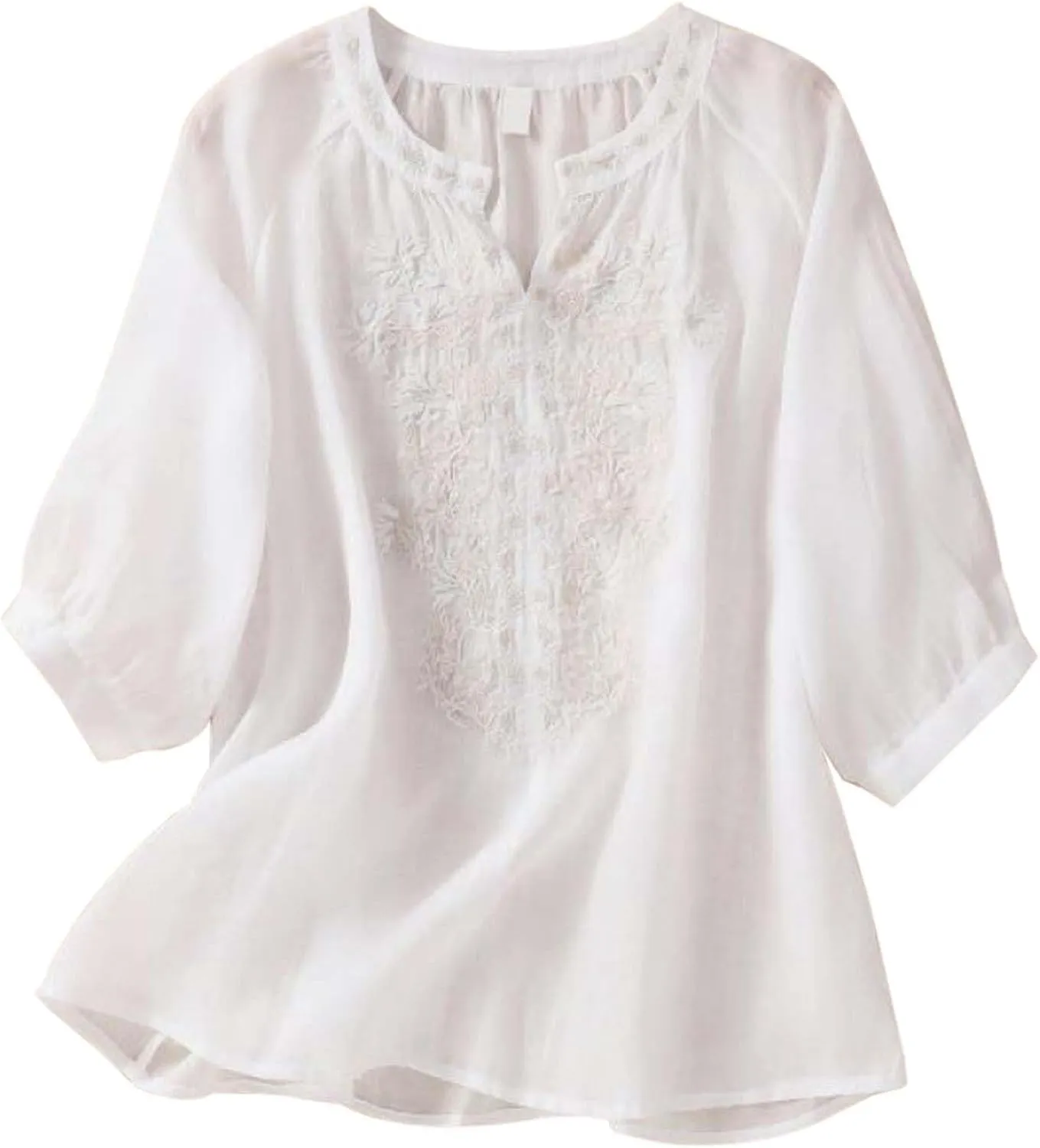 Women's Linen Shirts Summer Linen Embroidery Long Sleeve T-Shirt Casual Loose Fit Henley V Neck Blouse