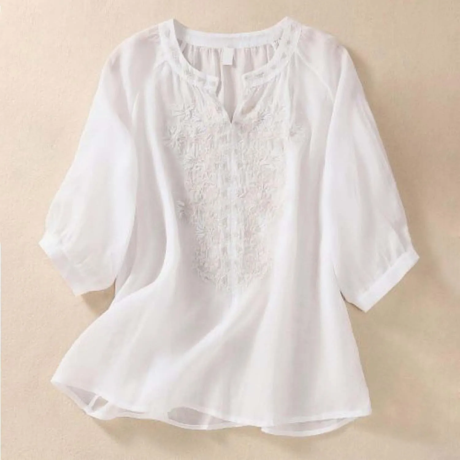 Women's Linen Shirts Summer Linen Embroidery Long Sleeve T-Shirt Casual Loose Fit Henley V Neck Blouse