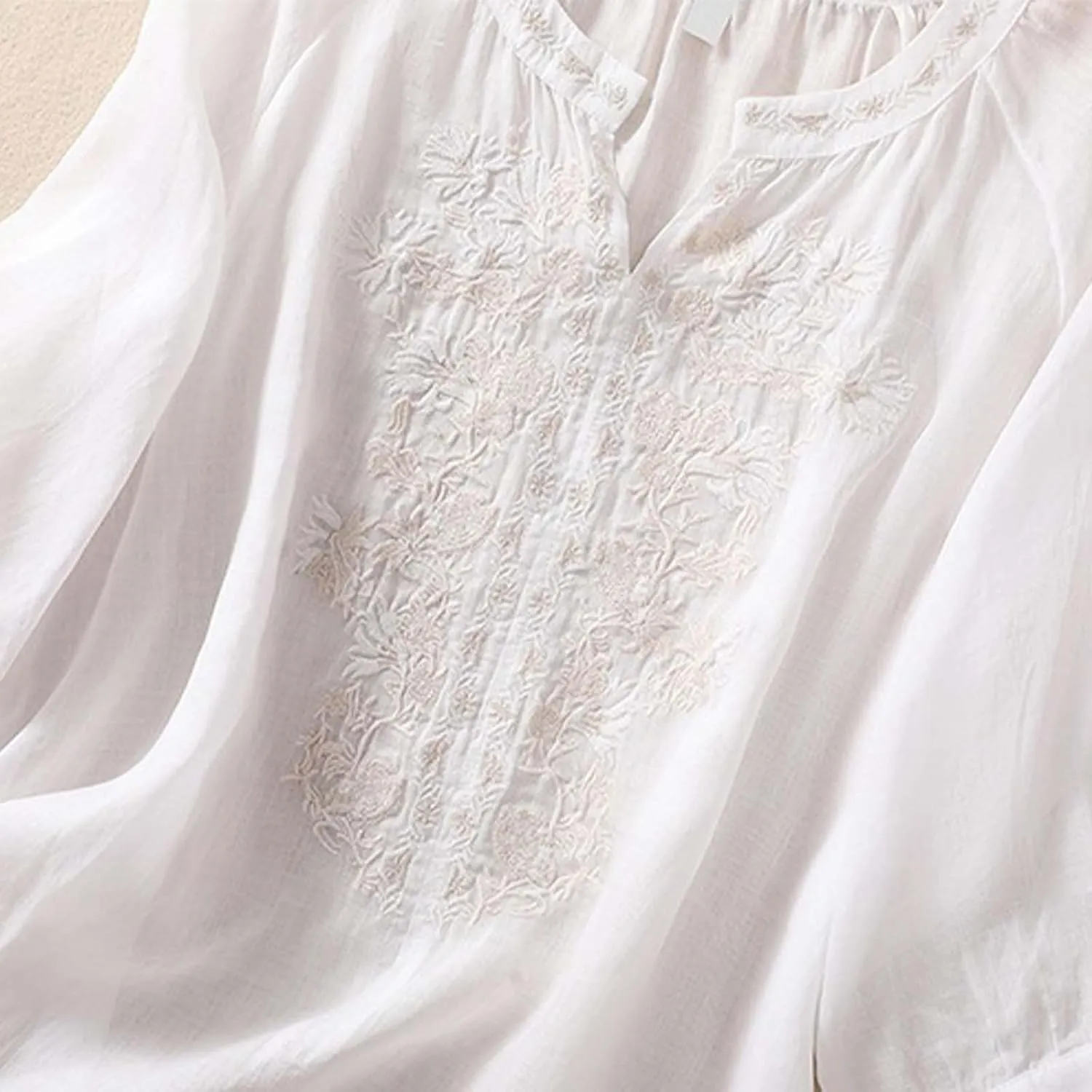 Women's Linen Shirts Summer Linen Embroidery Long Sleeve T-Shirt Casual Loose Fit Henley V Neck Blouse