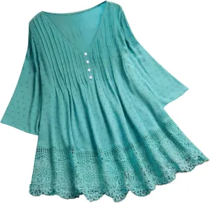 Womens Linen Shirts V Neck Button Blouses Boho Beach Tee Tops Short Sleeve Loose Tunic Tops
