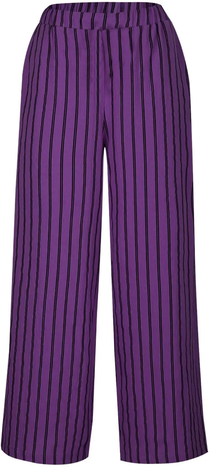 Womens Linen Stripe Pants Summer Boho Pants for 2024 Straight Leg Pants Elastic Waist Pants Loose Fitting Pants