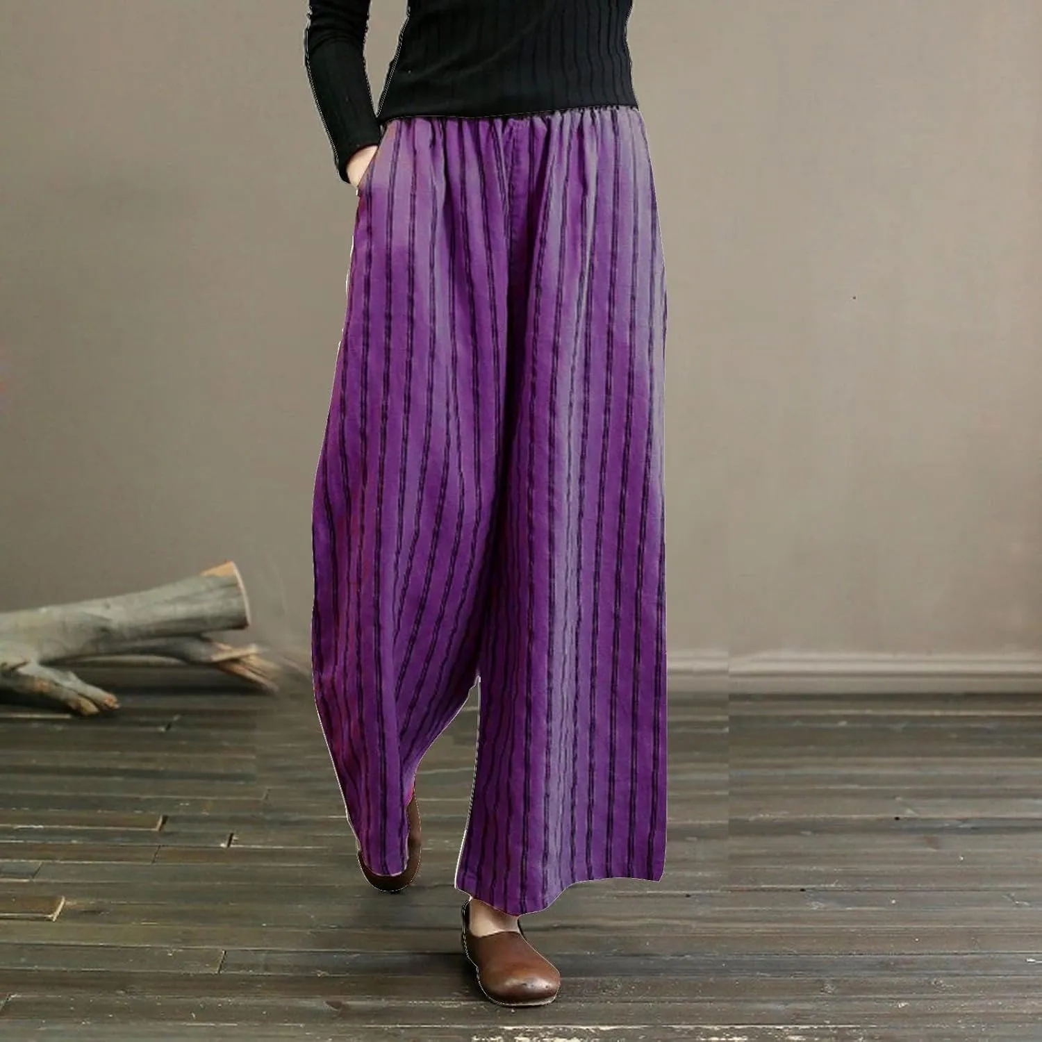 Womens Linen Stripe Pants Summer Boho Pants for 2024 Straight Leg Pants Elastic Waist Pants Loose Fitting Pants