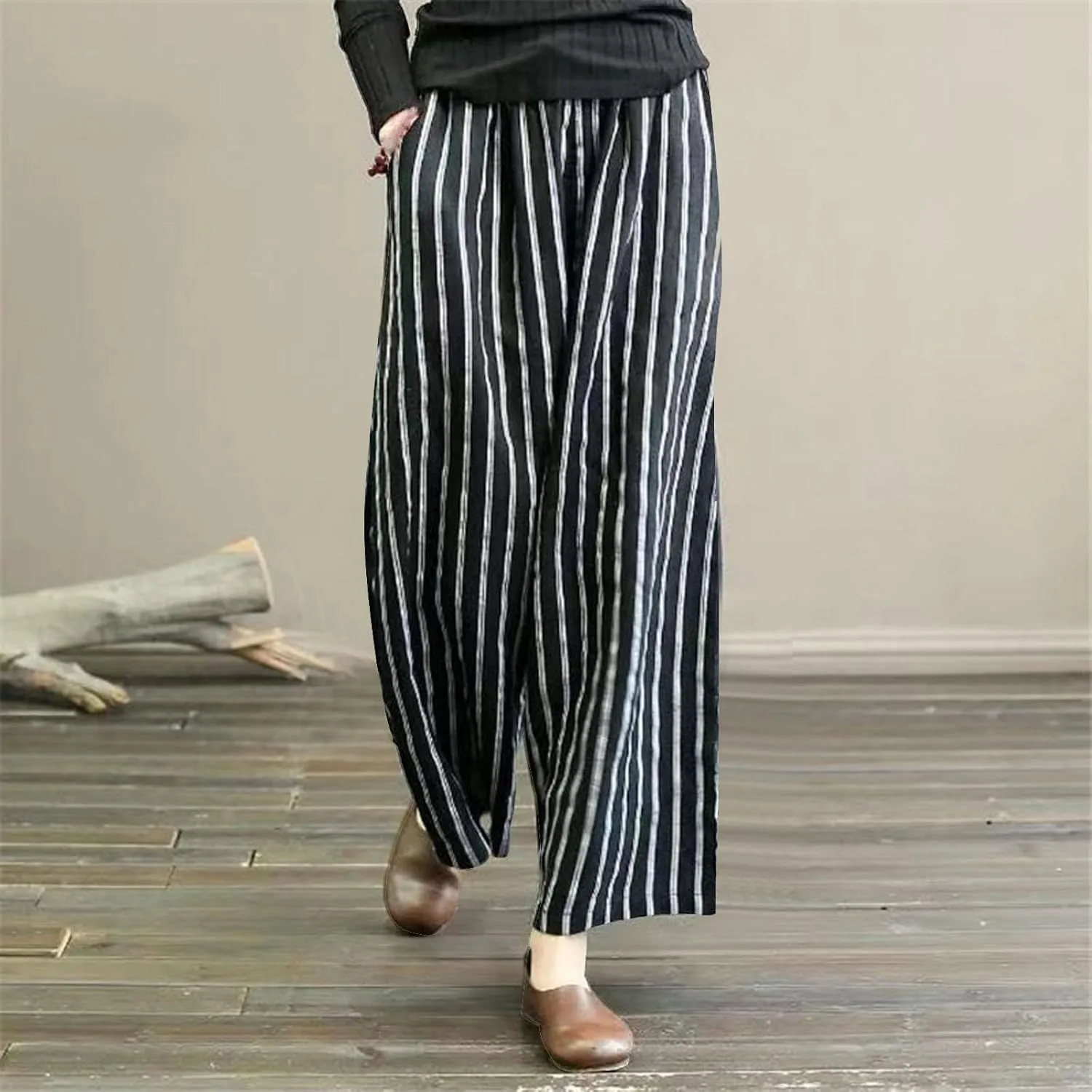 Womens Linen Stripe Pants Summer Boho Pants for 2024 Straight Leg Pants Elastic Waist Pants Loose Fitting Pants