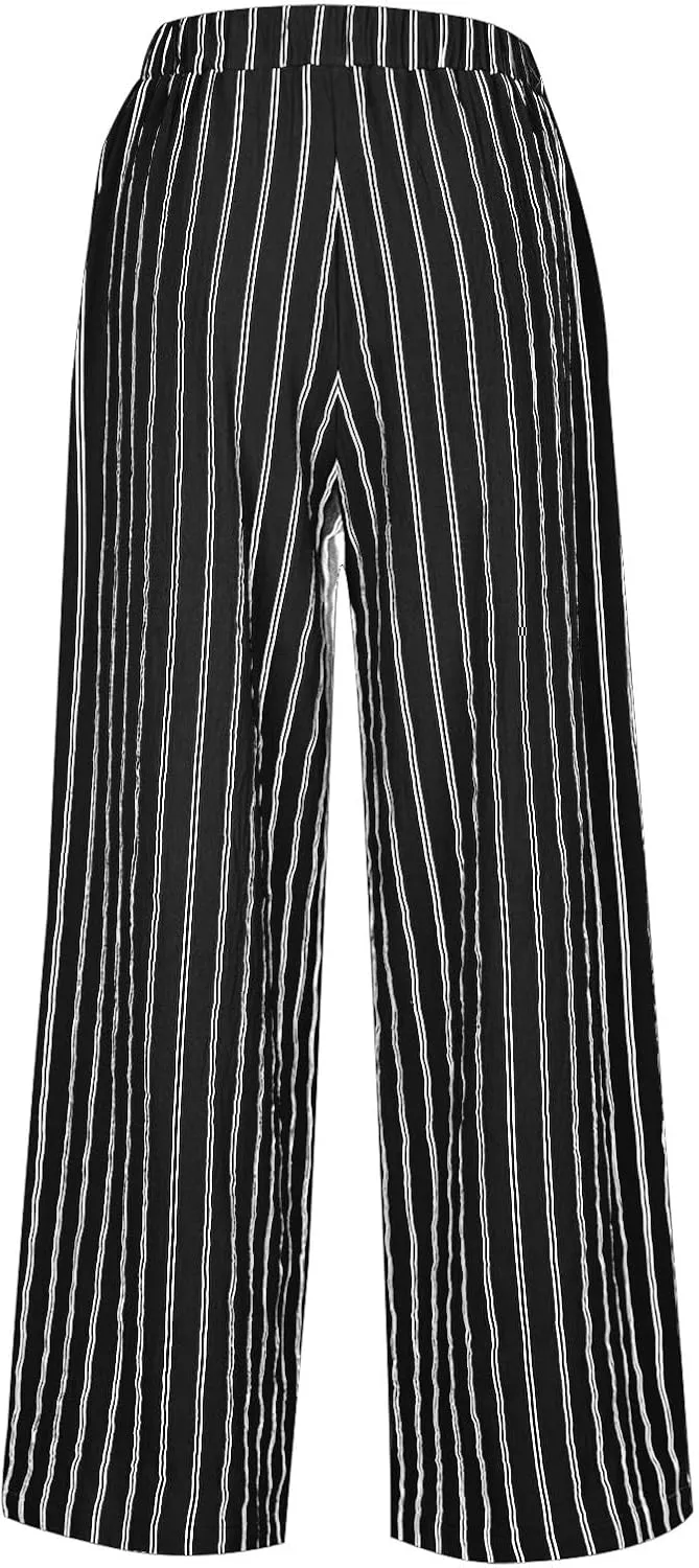 Womens Linen Stripe Pants Summer Boho Pants for 2024 Straight Leg Pants Elastic Waist Pants Loose Fitting Pants
