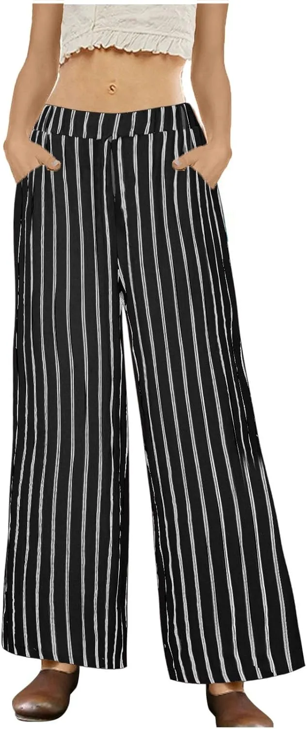 Womens Linen Stripe Pants Summer Boho Pants for 2024 Straight Leg Pants Elastic Waist Pants Loose Fitting Pants