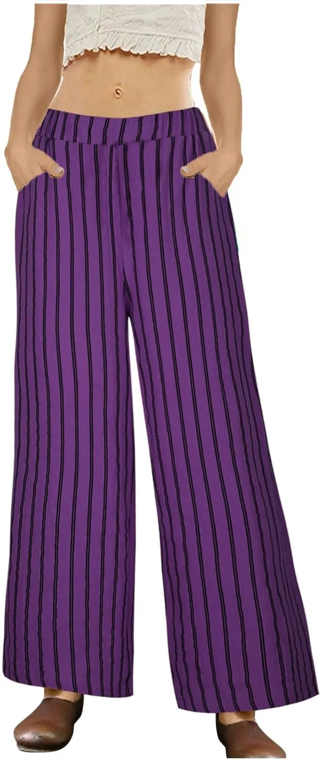 Womens Linen Stripe Pants Summer Boho Pants for 2024 Straight Leg Pants Elastic Waist Pants Loose Fitting Pants