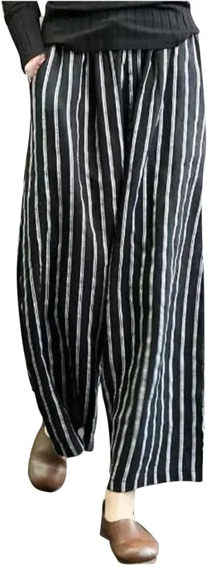 Womens Linen Stripe Pants Summer Boho Pants for 2024 Straight Leg Pants Elastic Waist Pants Loose Fitting Pants