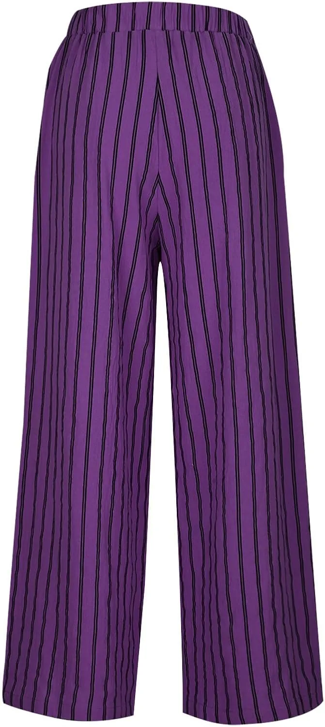 Womens Linen Stripe Pants Summer Boho Pants for 2024 Straight Leg Pants Elastic Waist Pants Loose Fitting Pants