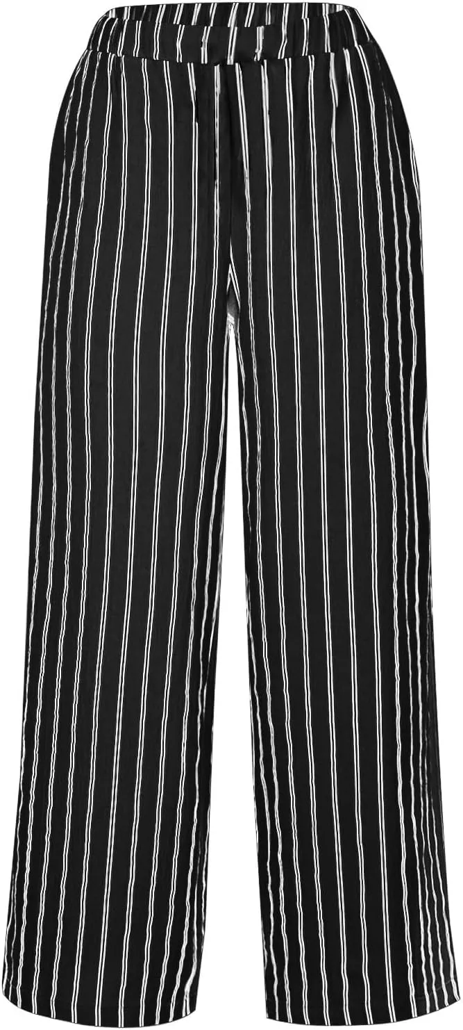 Womens Linen Stripe Pants Summer Boho Pants for 2024 Straight Leg Pants Elastic Waist Pants Loose Fitting Pants
