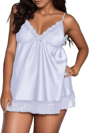 Women's Lingerie Plus Size Sexy Satin Lace Embroidered Chemise Nightgown Full Slips Sleepwear Deep V Neck Nightdress White