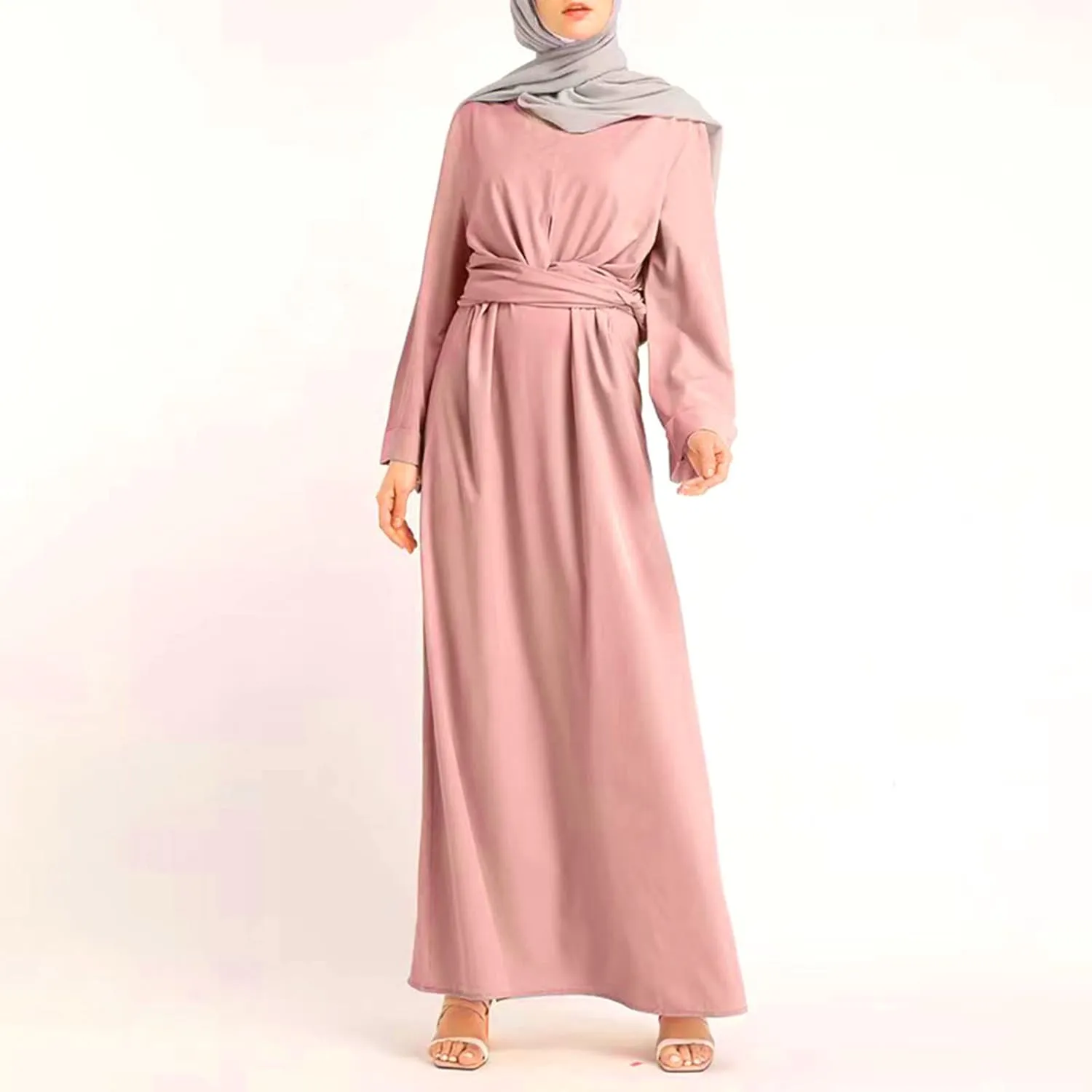 Womens Muslim Long Dress One Piece Long Sleeve Abayas Islamic Prayer Robes Summer Casual Loose Fit Kaftan with Pockets