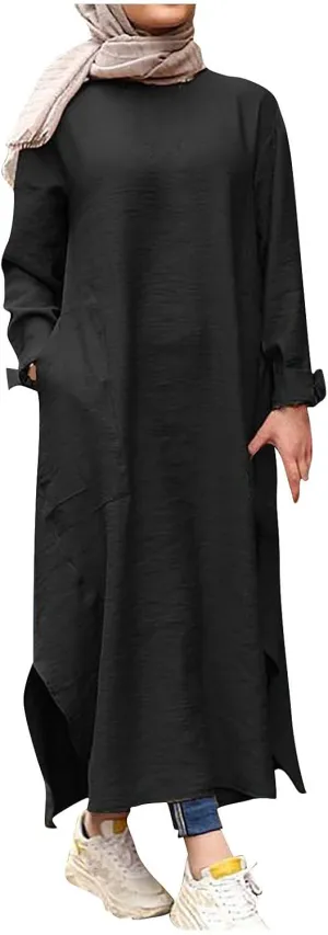 Womens Muslim Long Dress One Piece Long Sleeve Abayas Islamic Prayer Robes Summer Casual Loose Fit Kaftan with Pockets