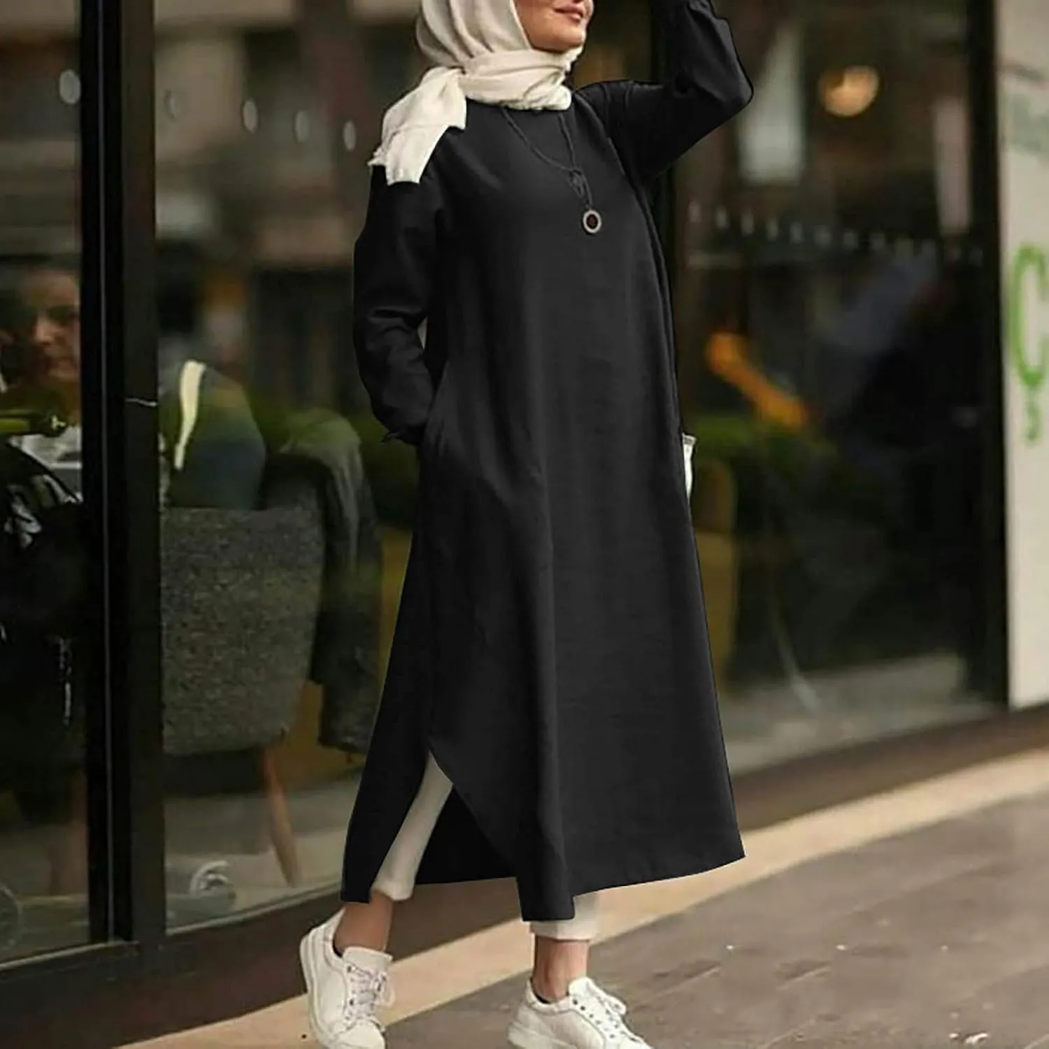 Womens Muslim Long Dress One Piece Long Sleeve Abayas Islamic Prayer Robes Summer Casual Loose Fit Kaftan with Pockets