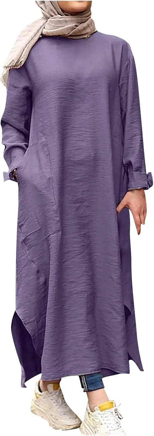 Womens Muslim Long Dress One Piece Long Sleeve Abayas Islamic Prayer Robes Summer Casual Loose Fit Kaftan with Pockets
