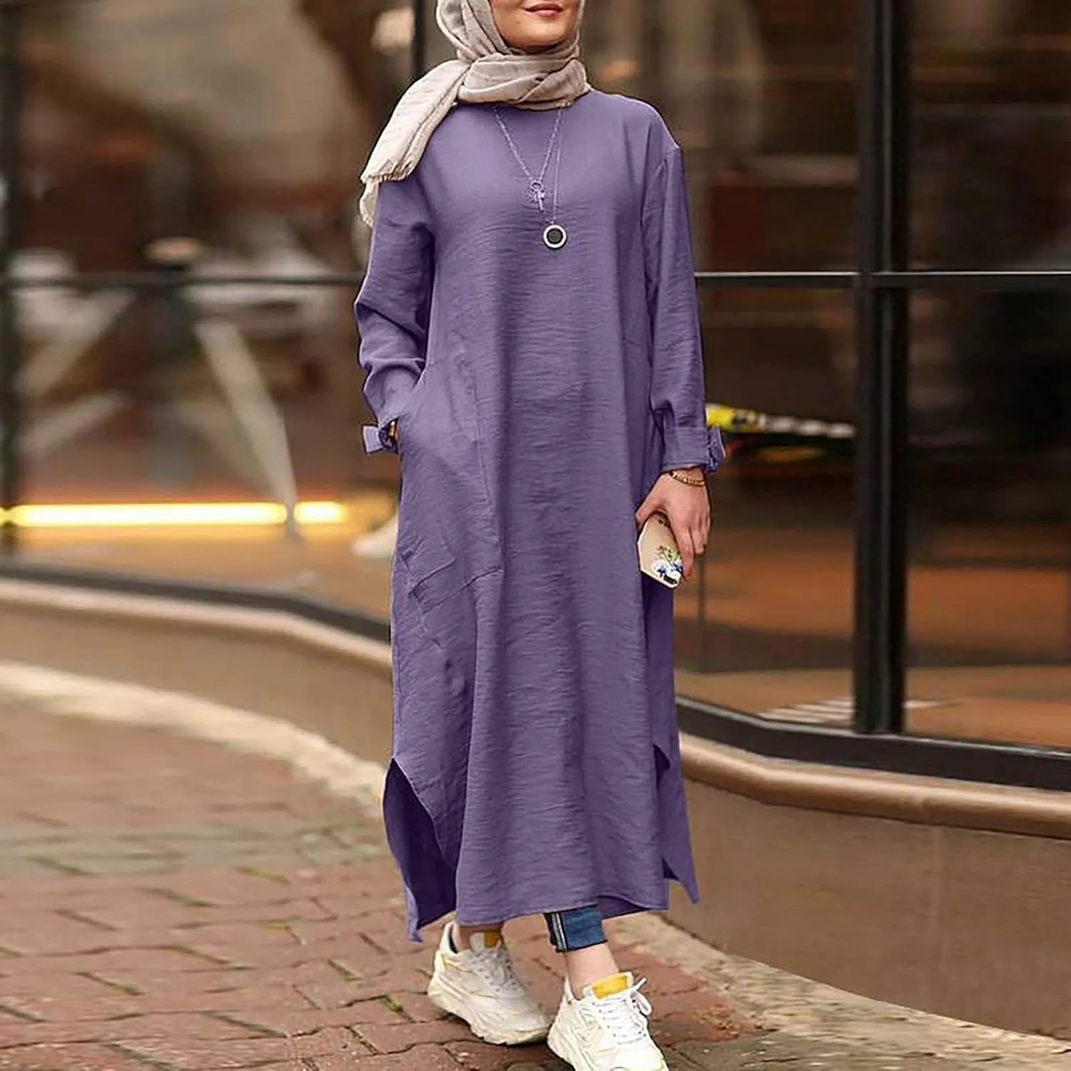 Womens Muslim Long Dress One Piece Long Sleeve Abayas Islamic Prayer Robes Summer Casual Loose Fit Kaftan with Pockets