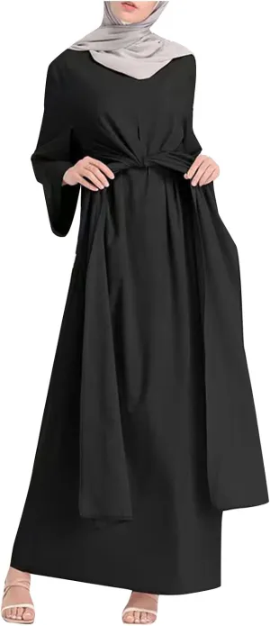 Womens Muslim Long Dress One Piece Long Sleeve Abayas Islamic Prayer Robes Summer Casual Loose Fit Kaftan with Pockets