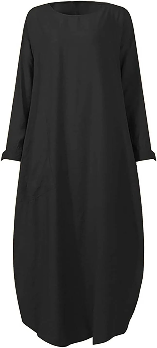 Womens Muslim Long Dress One Piece Long Sleeve Abayas Islamic Prayer Robes Summer Casual Loose Fit Kaftan with Pockets