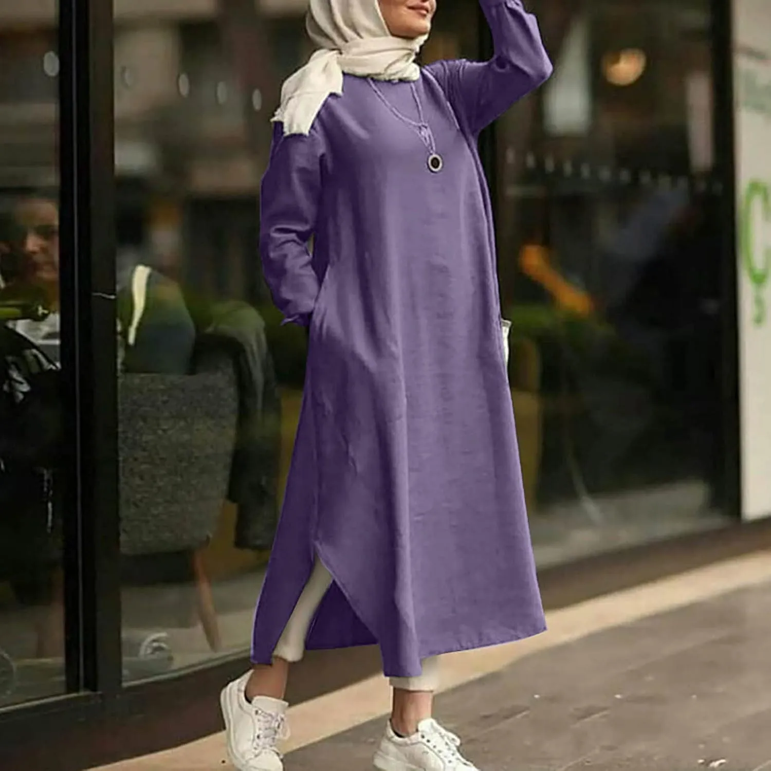 Womens Muslim Long Dress One Piece Long Sleeve Abayas Islamic Prayer Robes Summer Casual Loose Fit Kaftan with Pockets