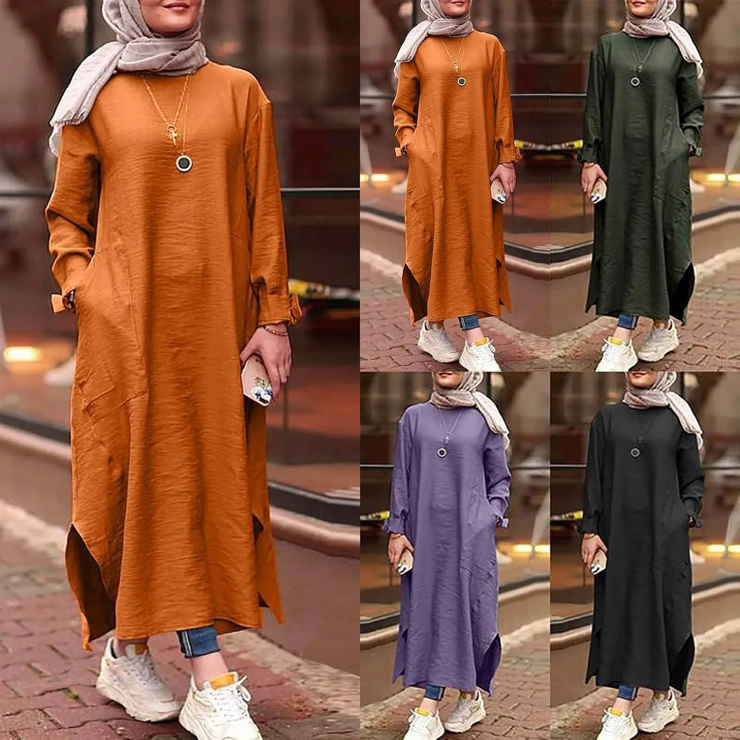 Womens Muslim Long Dress One Piece Long Sleeve Abayas Islamic Prayer Robes Summer Casual Loose Fit Kaftan with Pockets