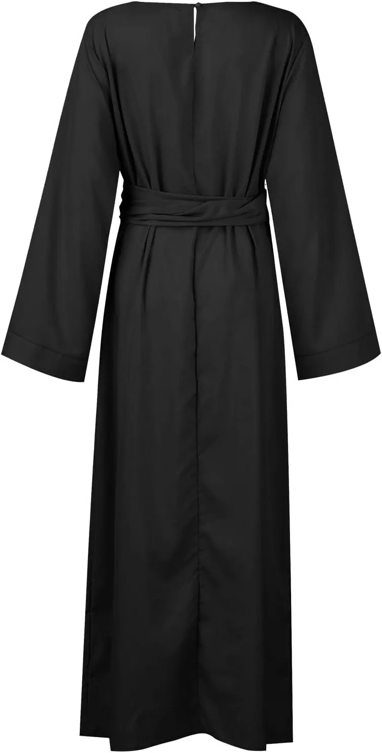 Womens Muslim Long Dress One Piece Long Sleeve Abayas Islamic Prayer Robes Summer Casual Loose Fit Kaftan with Pockets