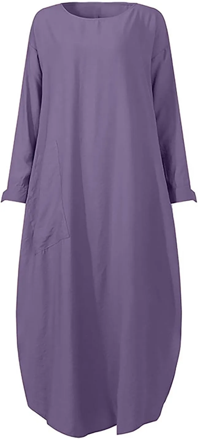 Womens Muslim Long Dress One Piece Long Sleeve Abayas Islamic Prayer Robes Summer Casual Loose Fit Kaftan with Pockets