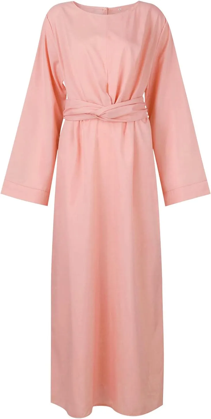 Womens Muslim Long Dress One Piece Long Sleeve Abayas Islamic Prayer Robes Summer Casual Loose Fit Kaftan with Pockets