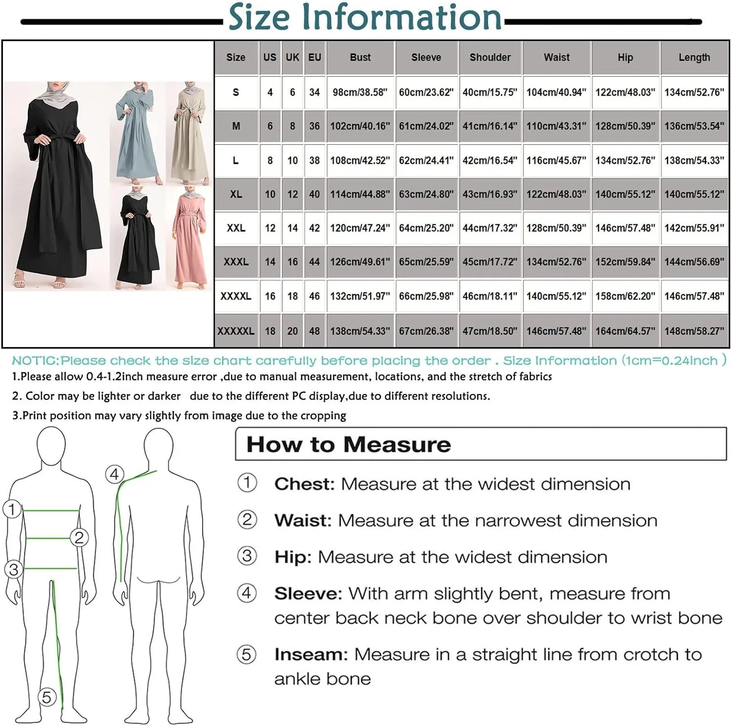 Womens Muslim Long Dress One Piece Long Sleeve Abayas Islamic Prayer Robes Summer Casual Loose Fit Kaftan with Pockets