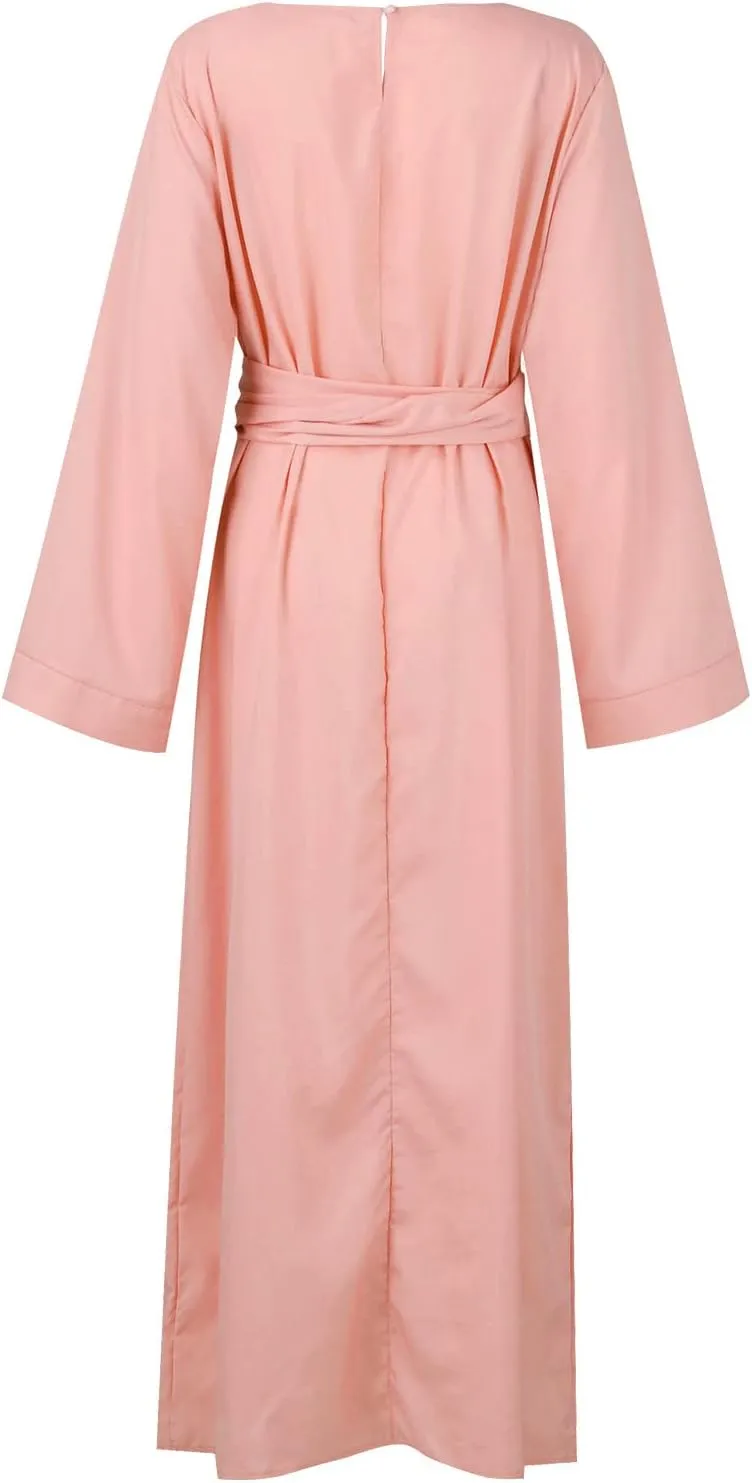 Womens Muslim Long Dress One Piece Long Sleeve Abayas Islamic Prayer Robes Summer Casual Loose Fit Kaftan with Pockets
