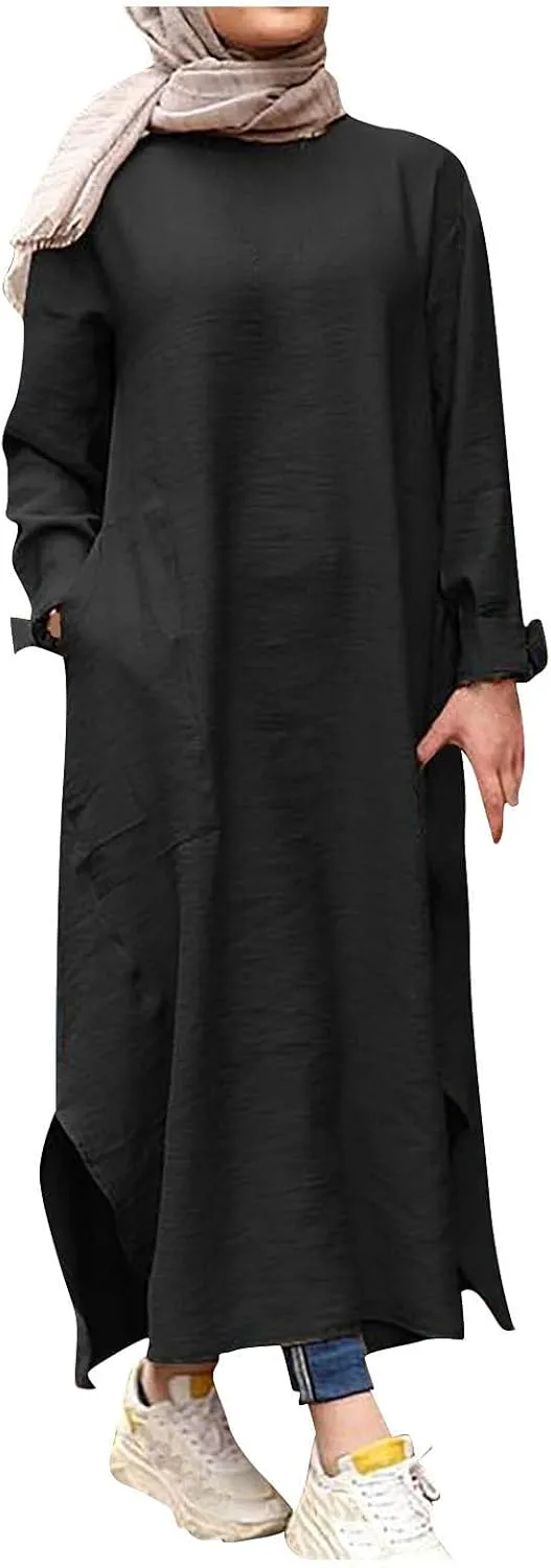 Womens Muslim Long Dress One Piece Long Sleeve Abayas Islamic Prayer Robes Summer Casual Loose Fit Kaftan with Pockets