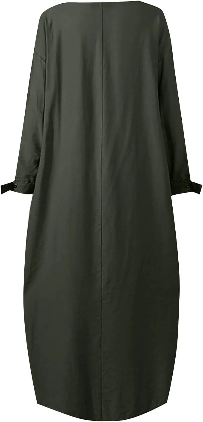 Womens Muslim Long Dress One Piece Long Sleeve Abayas Islamic Prayer Robes Summer Casual Loose Fit Kaftan with Pockets