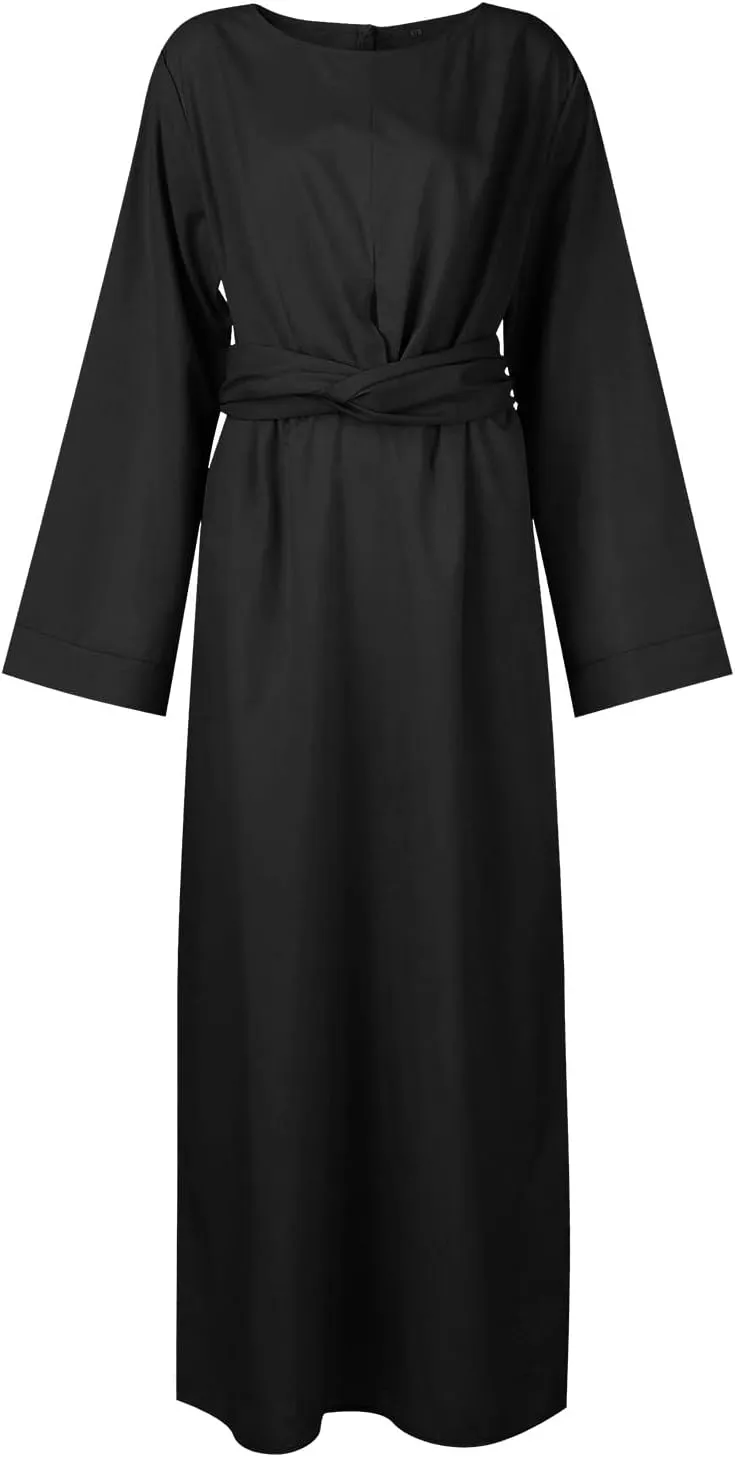 Womens Muslim Long Dress One Piece Long Sleeve Abayas Islamic Prayer Robes Summer Casual Loose Fit Kaftan with Pockets