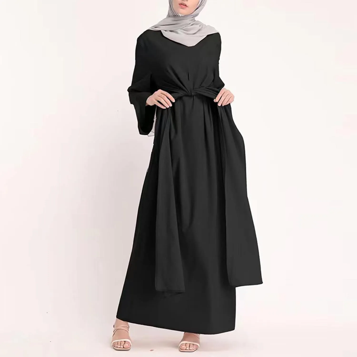 Womens Muslim Long Dress One Piece Long Sleeve Abayas Islamic Prayer Robes Summer Casual Loose Fit Kaftan with Pockets
