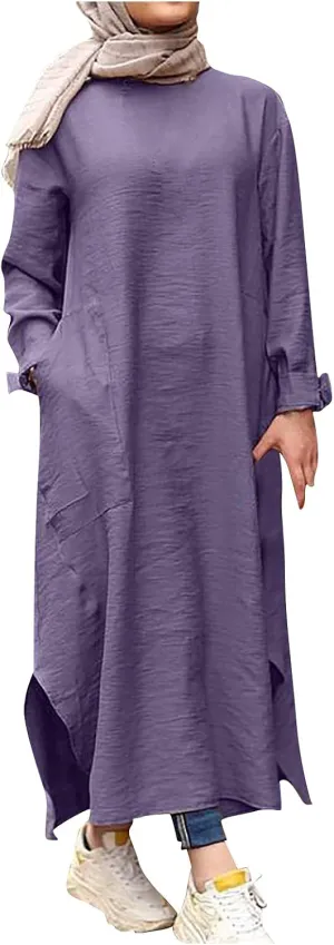 Womens Muslim Long Dress One Piece Long Sleeve Abayas Islamic Prayer Robes Summer Casual Loose Fit Kaftan with Pockets