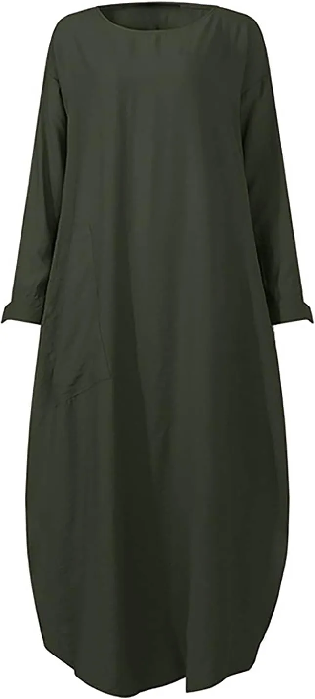 Womens Muslim Long Dress One Piece Long Sleeve Abayas Islamic Prayer Robes Summer Casual Loose Fit Kaftan with Pockets