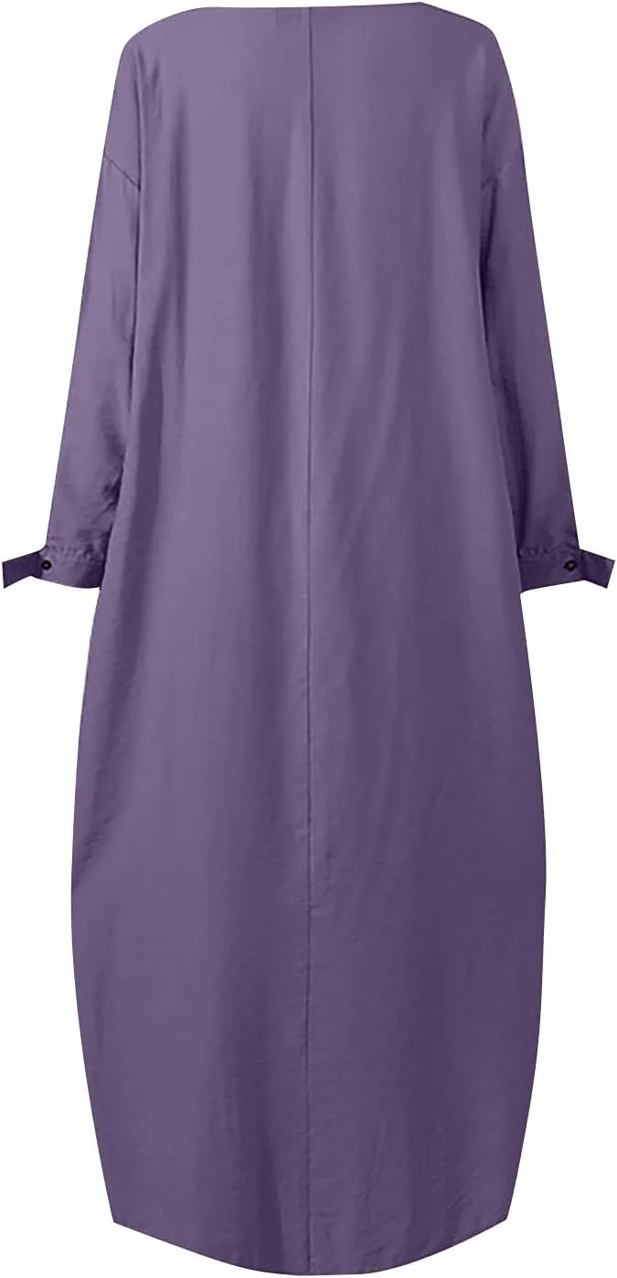 Womens Muslim Long Dress One Piece Long Sleeve Abayas Islamic Prayer Robes Summer Casual Loose Fit Kaftan with Pockets