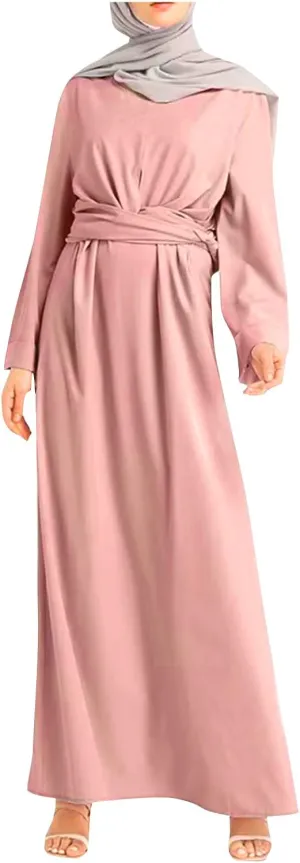Womens Muslim Long Dress One Piece Long Sleeve Abayas Islamic Prayer Robes Summer Casual Loose Fit Kaftan with Pockets