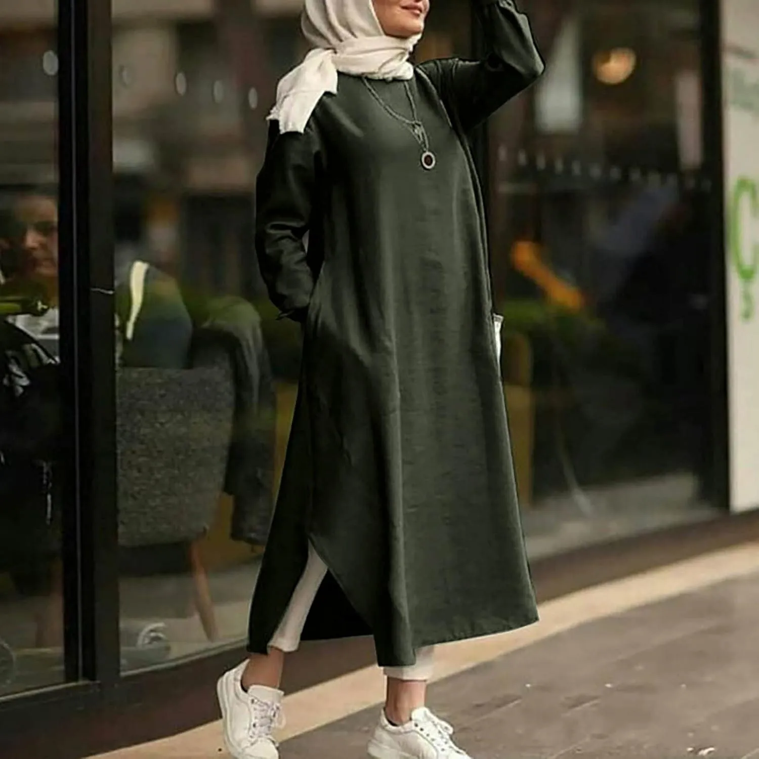 Womens Muslim Long Dress One Piece Long Sleeve Abayas Islamic Prayer Robes Summer Casual Loose Fit Kaftan with Pockets