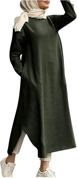 Womens Muslim Long Dress One Piece Long Sleeve Abayas Islamic Prayer Robes Summer Casual Loose Fit Kaftan with Pockets
