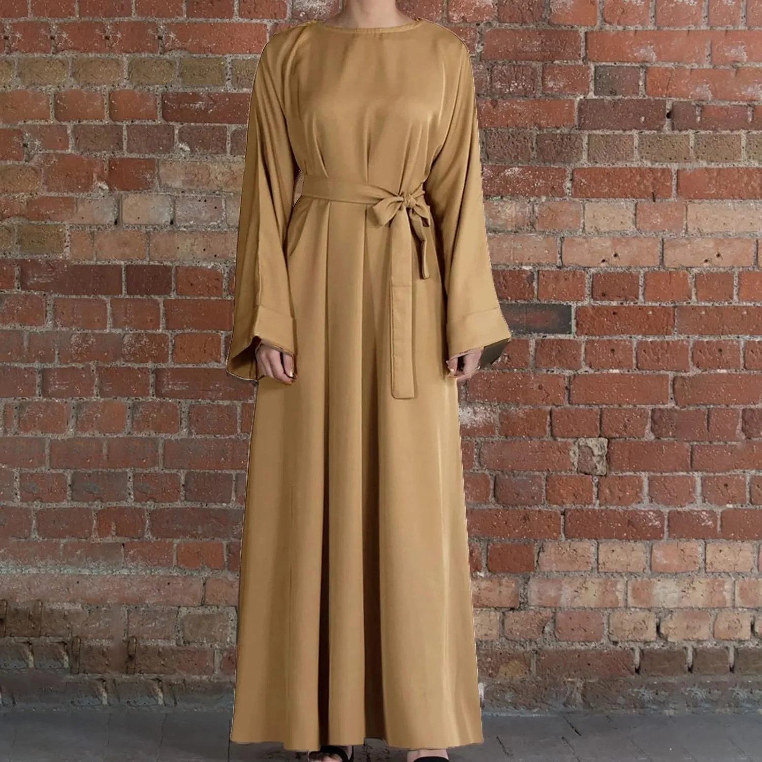 Womens Muslim Long Dress One Piece Long Sleeve Abayas Islamic Prayer Robes Summer Casual Loose Fit Kaftan with Pockets