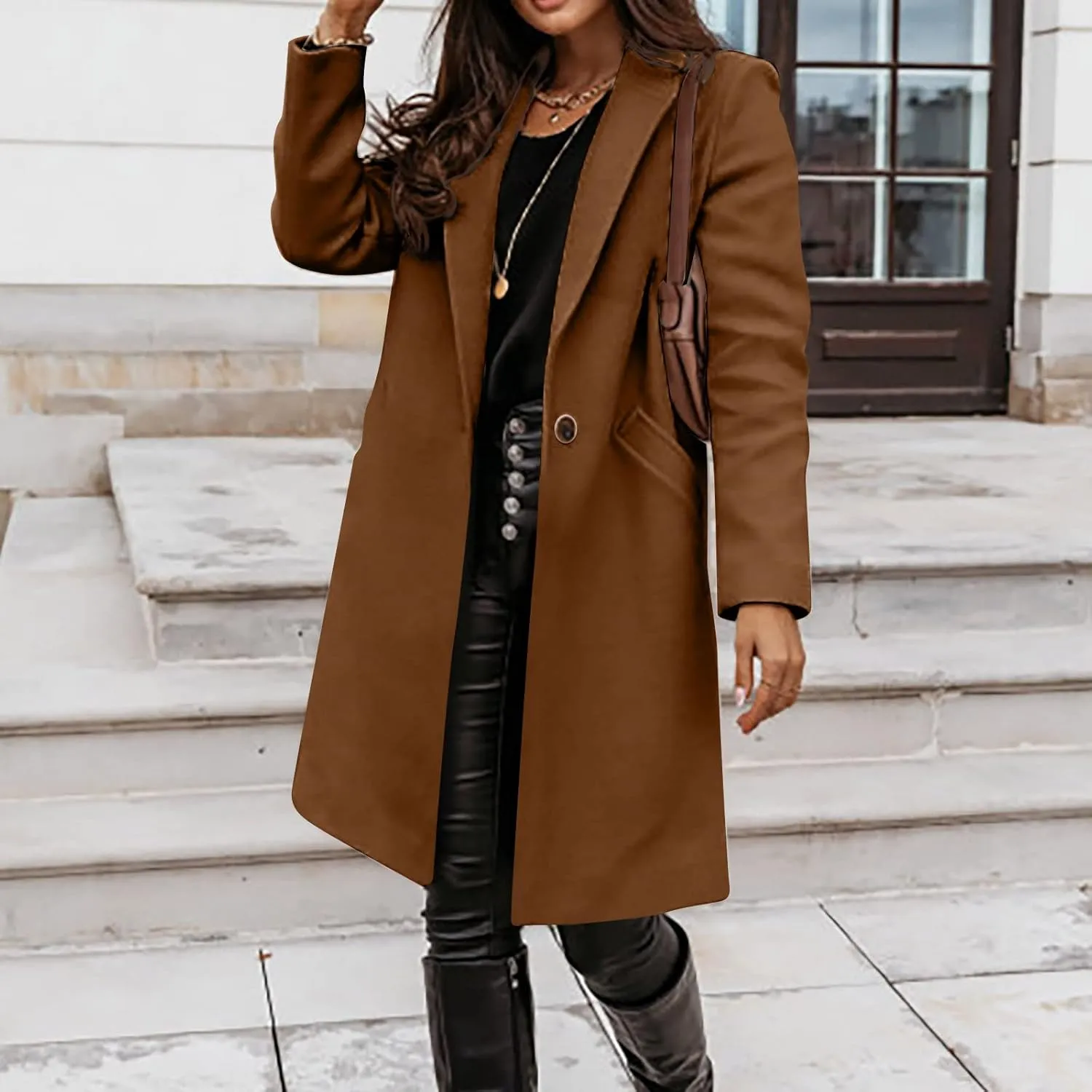 Women's Notched Lapel Wool Coat Single Breasted Pea Coat Winter Wool Blend Blazer Jacket Fashion Work Solid Overcoat
