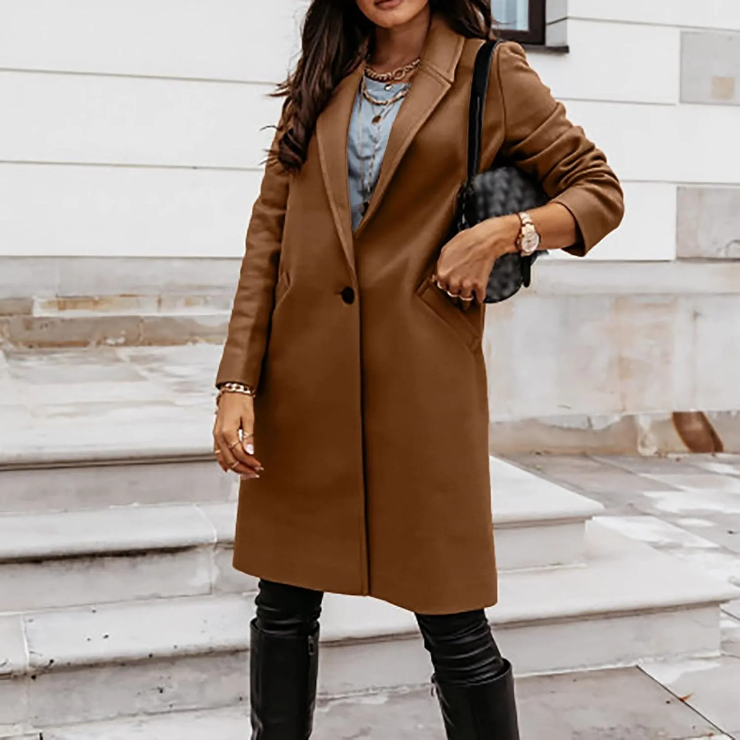 Women's Notched Lapel Wool Coat Single Breasted Pea Coat Winter Wool Blend Blazer Jacket Fashion Work Solid Overcoat