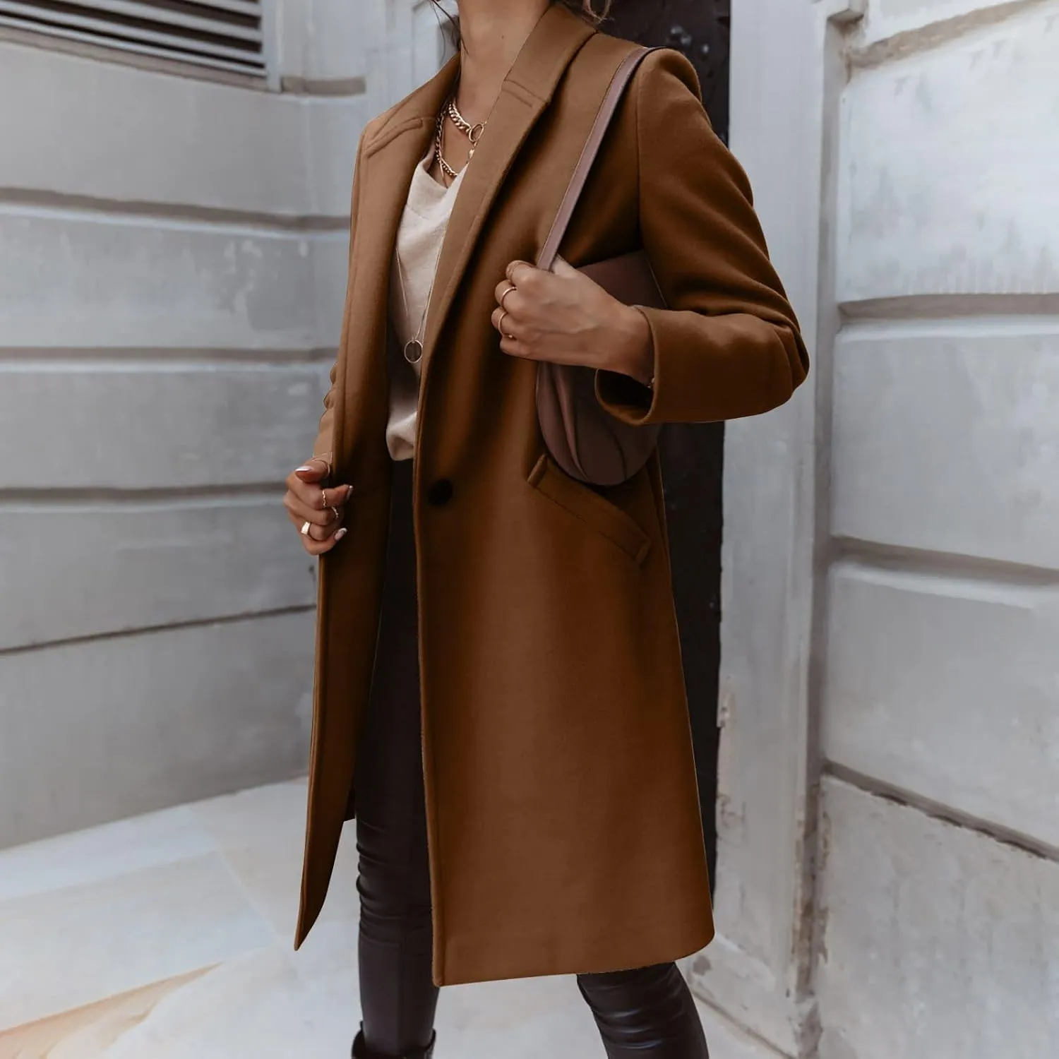 Women's Notched Lapel Wool Coat Single Breasted Pea Coat Winter Wool Blend Blazer Jacket Fashion Work Solid Overcoat